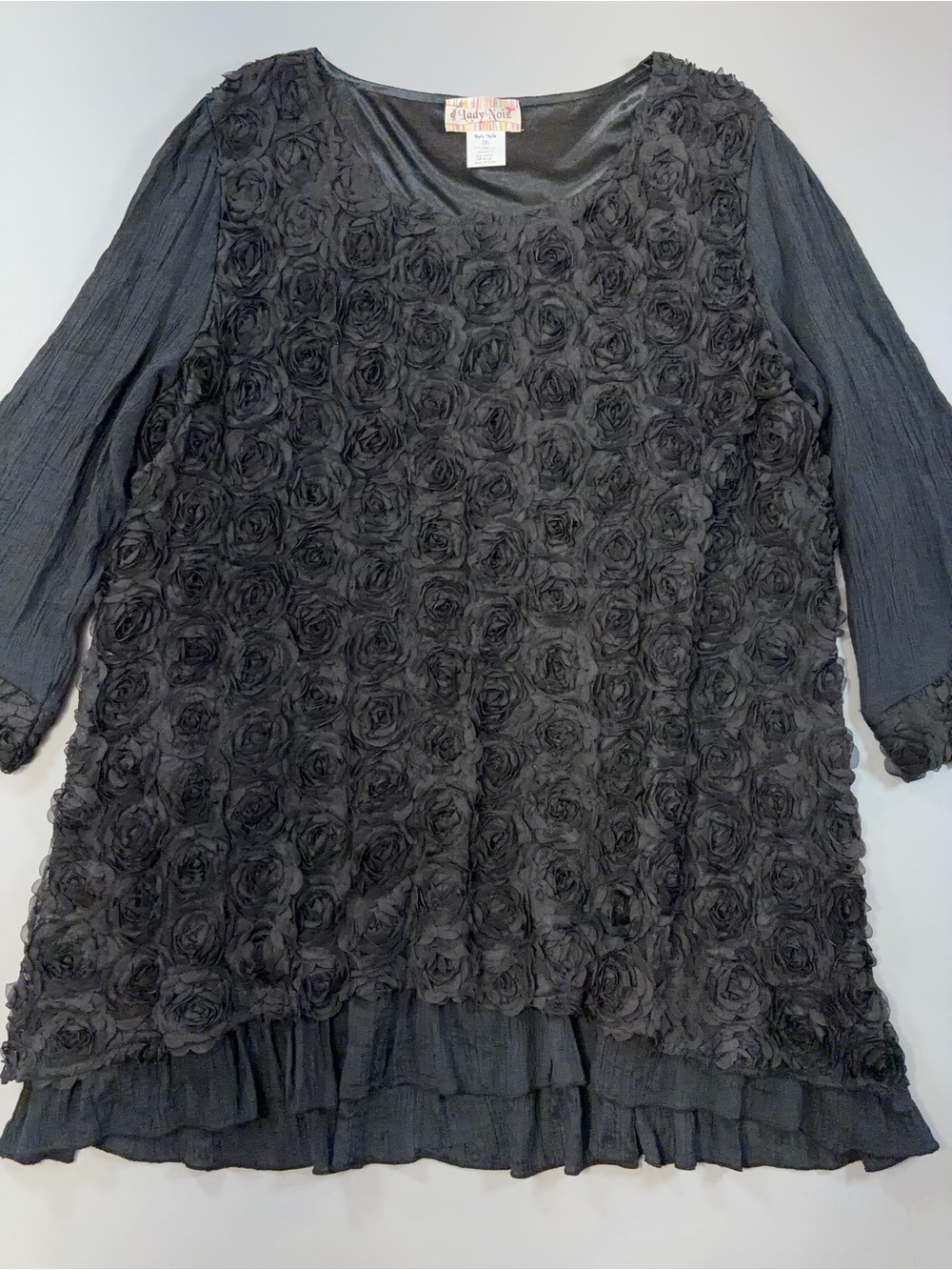 Lady Noiz Black 3D Rosette Ruffle Tunic Top 3/4 Sleeve 2XL Evening Cocktail